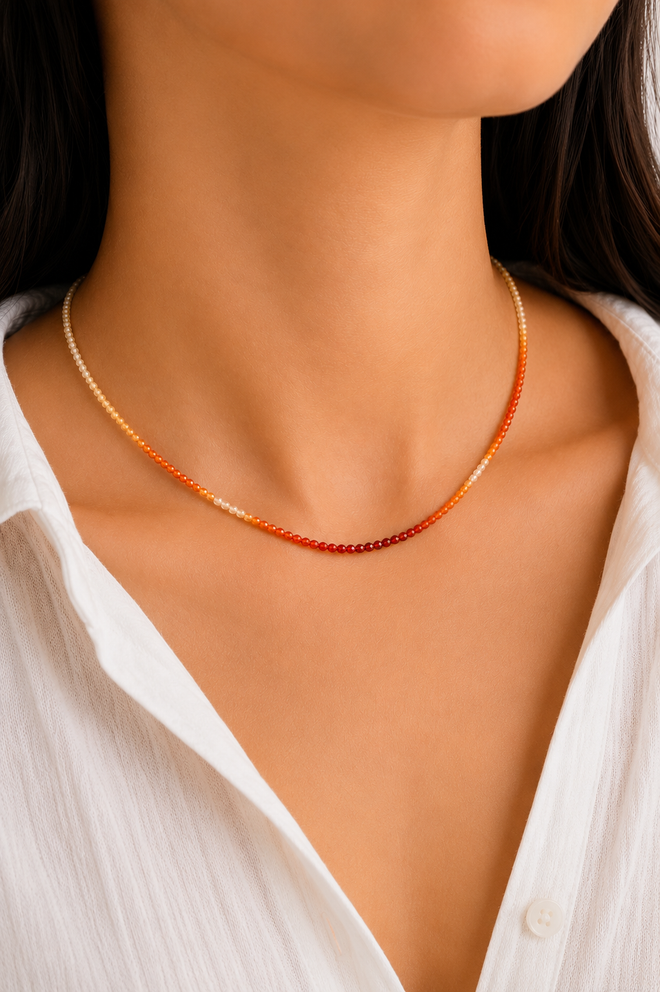 Sunset Fire Opal Gradient Necklace – 2mm Faceted Gemstone Beads | Adjustable 16-18 Inch