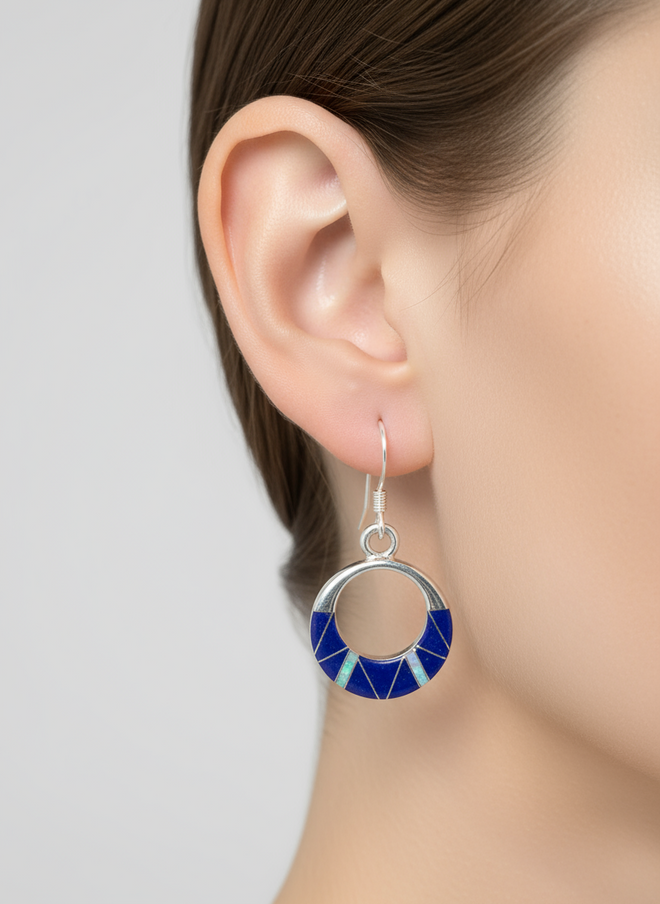 Lapis & Opal Circle Drop Dangle Earrings