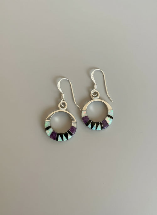 Mother of Pearl, Sugilite, Black Jade & Opal Circle Drop Dangle Earrings