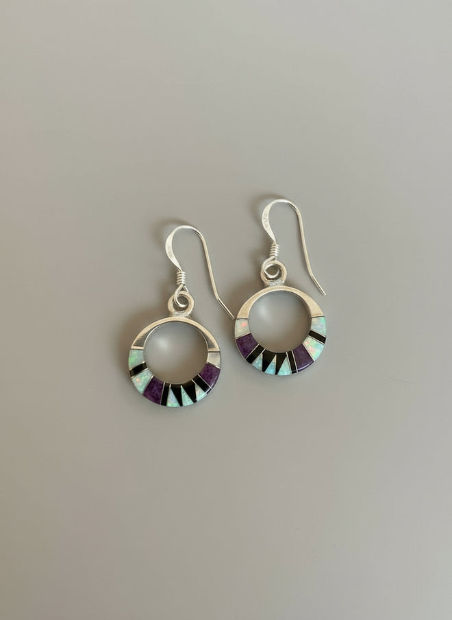 Mother of Pearl, Sugilite, Black Jade & Opal Circle Drop Dangle Earrings