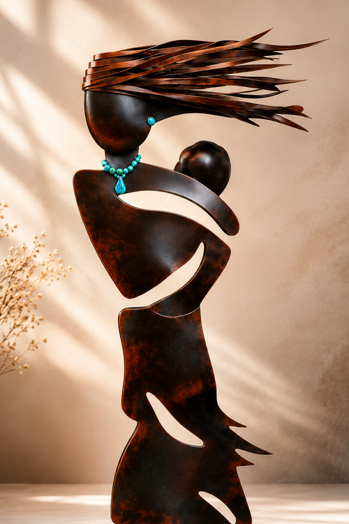 Close up Mother Sculpture decorated with natural turquoise jewelry 