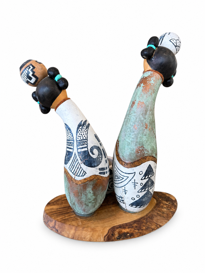 Handmade Two Maidens Kachina sculpture crafted from natural gourds with clay accents, copper leaf, and rich Southwestern character.