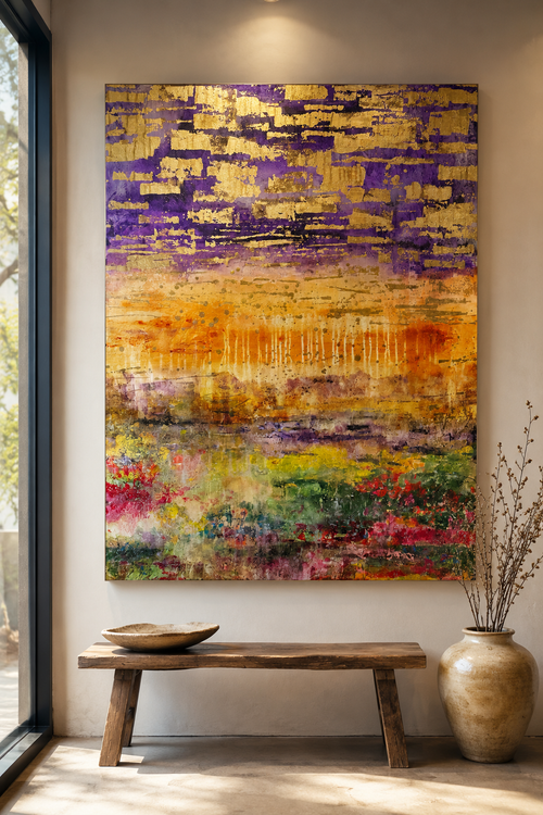 Colorful abstract desert painting with gold leaf by Jodi Maas, original 36 x 48 canvas