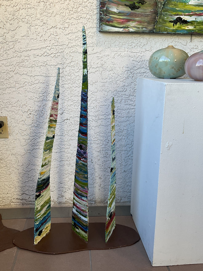 Medium metal tree. Oil on metal. 3’0x1’1x0’9