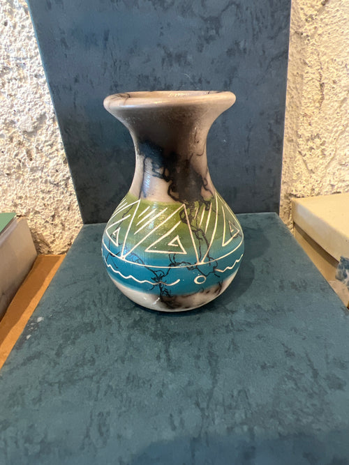 Marlena Sam Horsehair Pottery – Ceramic Dark Green and Blue Vase