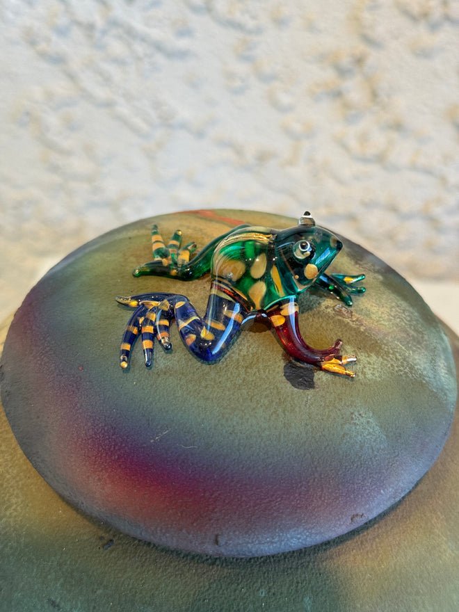 Raku Pot with Glass Frog on lid