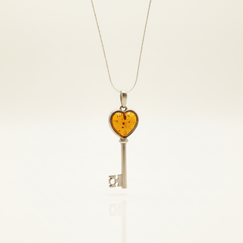 Sterling Silver Amber Heart Key Necklace