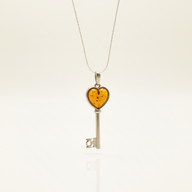 Sterling Silver Amber Heart Key Necklace