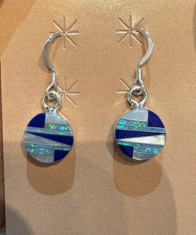 Lapis, Mother of Pearl & Opal Round Dangle Earrings