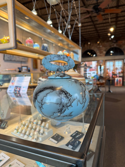 Turquoise Blue Horsehair Pottery Vessel with Loop Handle Lid