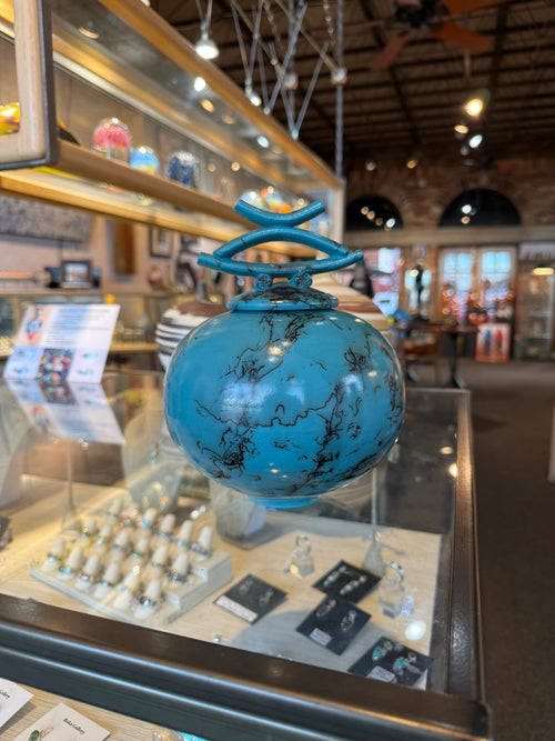 Turquoise Blue Horsehair Pottery Vessel with Lid