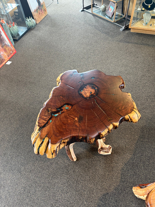 One-of-a-Kind Live Edge Mesquite End Table with Turquoise & Copper Inlay – Handmade in Arizona