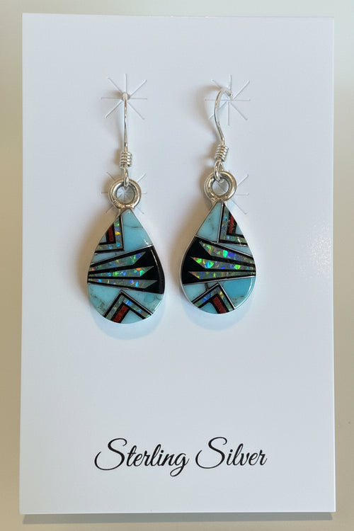 Turquoise, Spiny Oyster, Black Jade & Opal Pear Shape Earrings