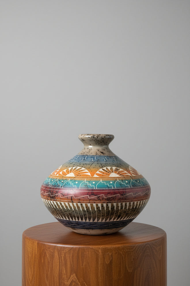 Navajo Carved Round Vase by Artist Samantha Willie 6.5"H x 5.5"W