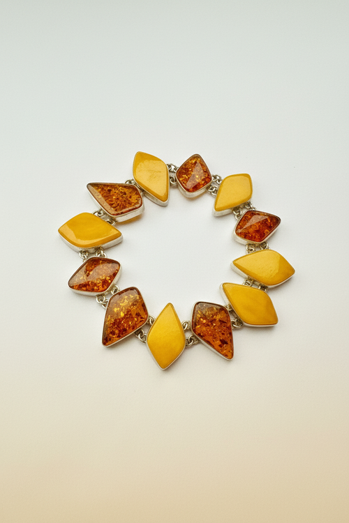7 Large Stone Two Tone Natural Amber Link Bracelet