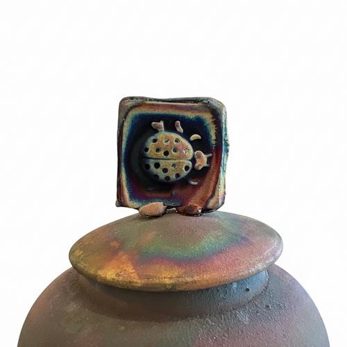 Tall Raku Ceramic Pot with Ladybug Lid