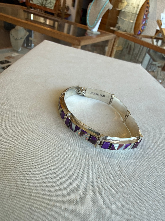 Sugilite, Mother of Pearl, Black Jade & Opal Stone Inlaid Rectangular Link Bracelet