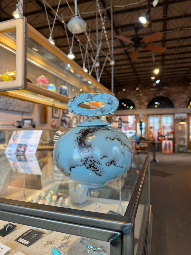 Turquoise Blue Horsehair Pottery Vessel with Loop Handle Lid