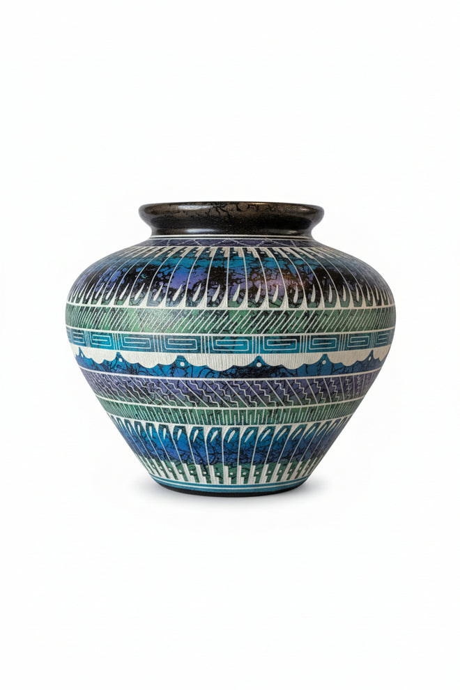 Navajo Carved Round Vase by Artist Myron Charley 5"H x 6"W