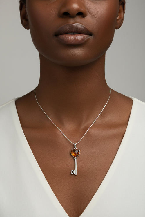 Sterling Silver Amber Heart Key Necklace