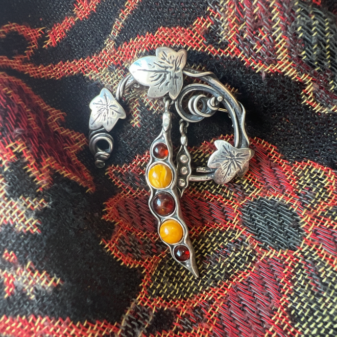 Sterling Silver Amber Pea Pod and Vine Brooch