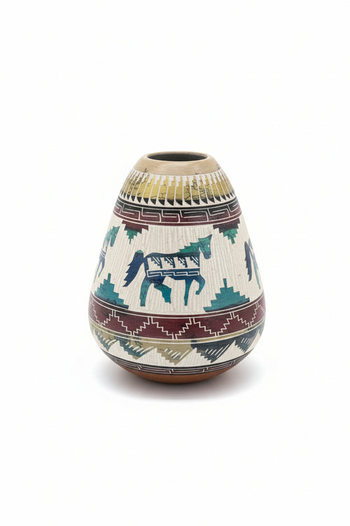 Navajo Carved Round Vase by Artist Marcus Nelson 6.5"H x 6.5"W