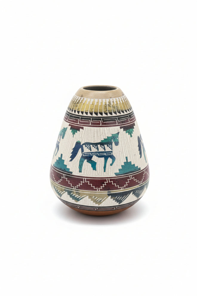 Navajo Carved Round Vase by Artist Marcus Nelson 6.5"H x 6.5"W