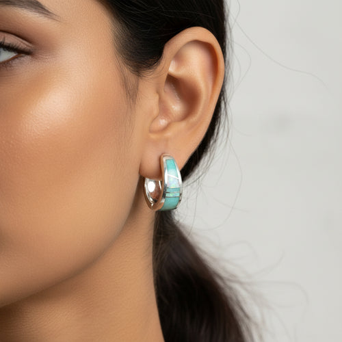 Amazonite & Opal Huggies Earrings - Navajo Stone Inlaid Jewelry