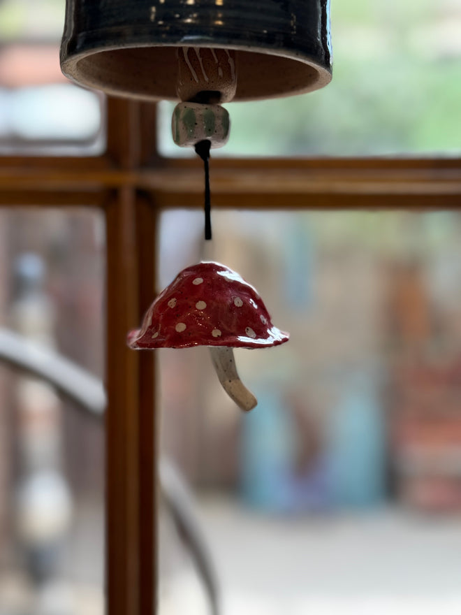 Handmade Ceramic Bell with Hanging Red Mushroom