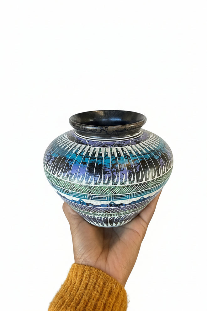 Navajo Carved Round Vase by Artist Myron Charley 5"H x 6"W