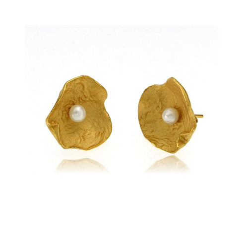 Gold Petal Earrings with Pearl - (Large)