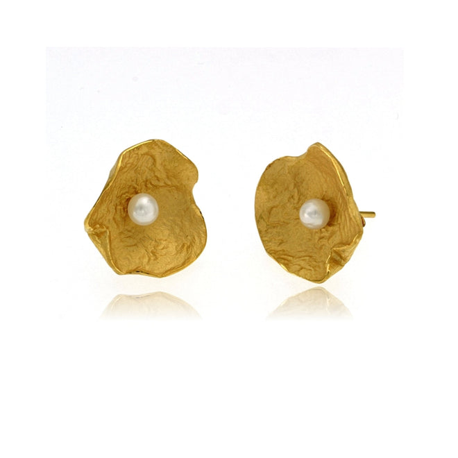 Gold Petal Earrings with Pearl - (Large)