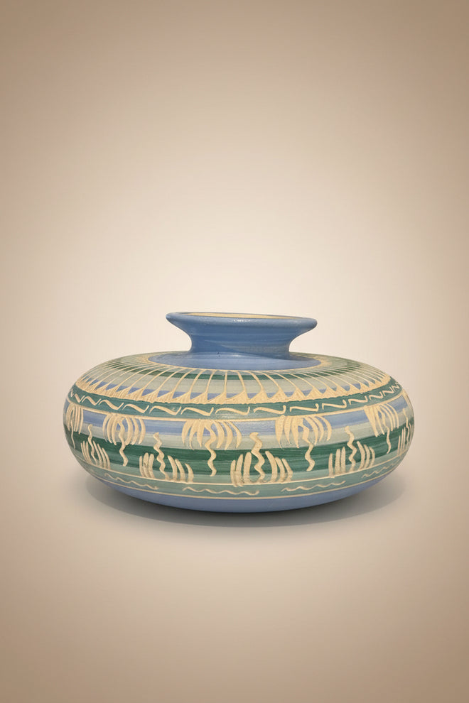 Navajo Carved Ceramic Vase by Cassandra King 4"H x 7.5"W
