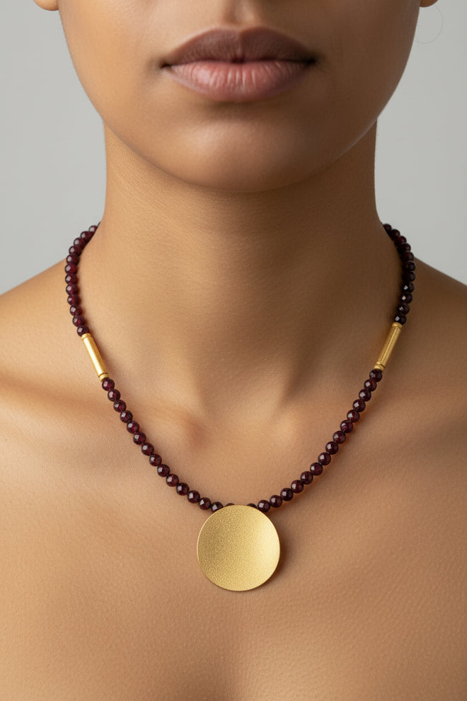 Garnet Beaded Necklace - Round Curved Golden Pendent