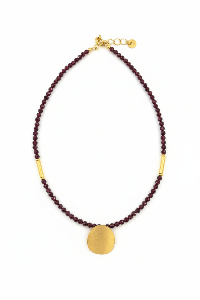 Garnet Beaded Necklace - Round Curved Golden Pendent