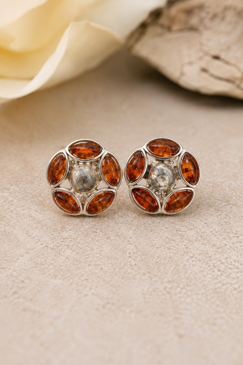 Genuine Baltic amber sterling silver flower post earrings, 17mm