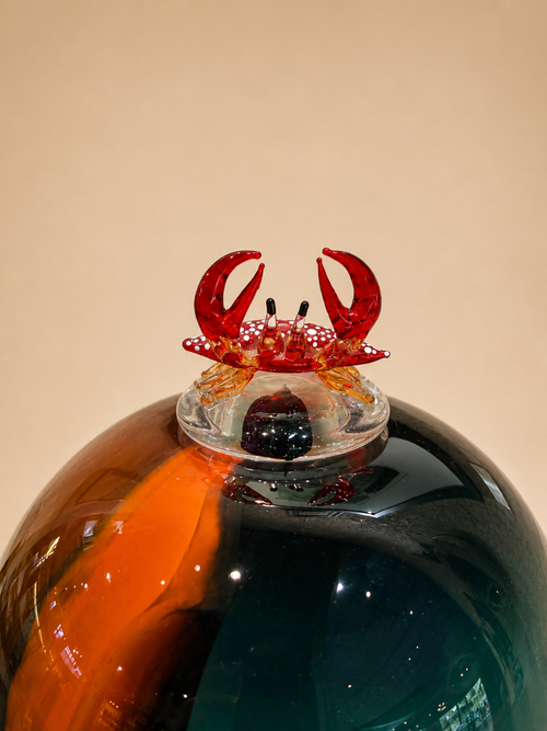 Glass Sculpture Vase Orange Color with Crab on top
