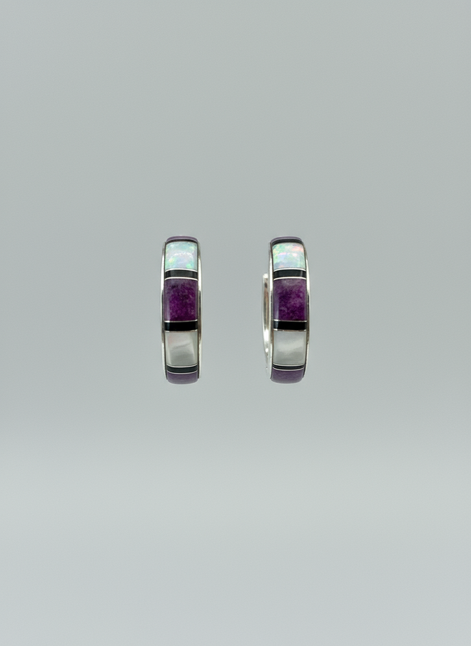 Sugilite, Black Jade, Opal & Mother of Pearl Half Moon Hoop Post Earrings