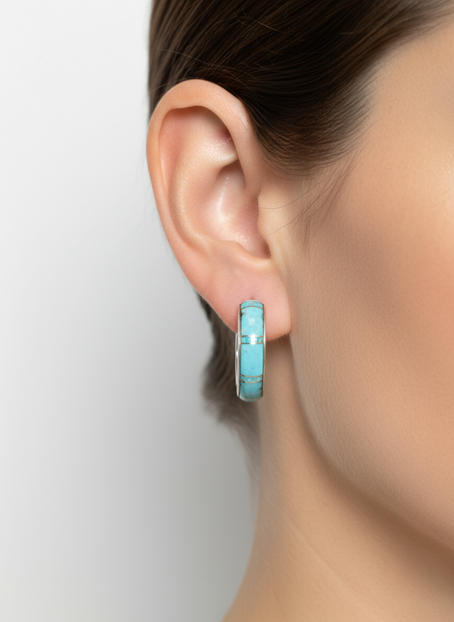 Turquoise & Opal Half Moon Hoop Post Earrings