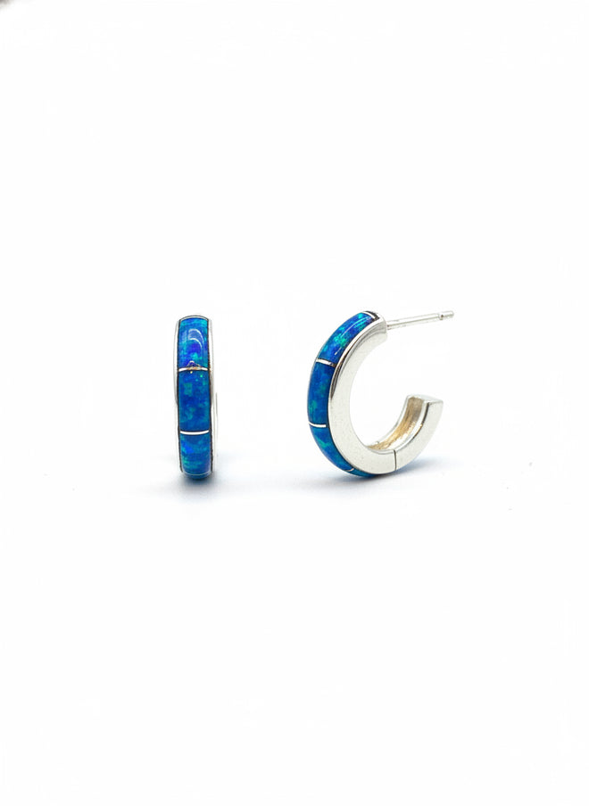 Blue Opal Small Half Circle Post Earrings
