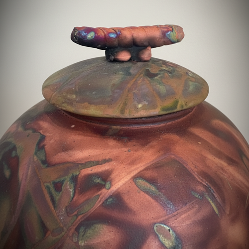 Handmade Raku Pottery Jar with Lid | Copper & Blue Metallic Finish