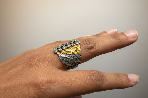 Handmade Ring in Textured Sterling Silver with 24-Carat Gold