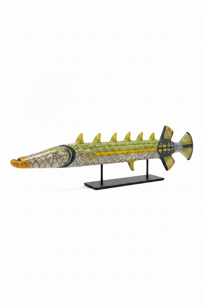 Handmade Ceramic Trumpet fish on metal stand 