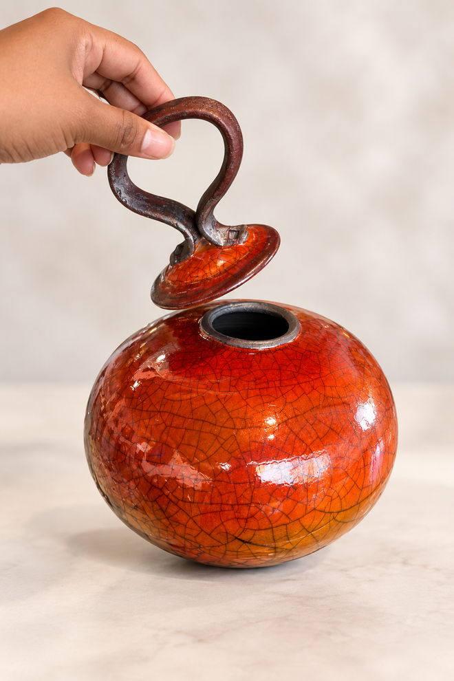 Handmade Ferric Chloride Lidded Pot