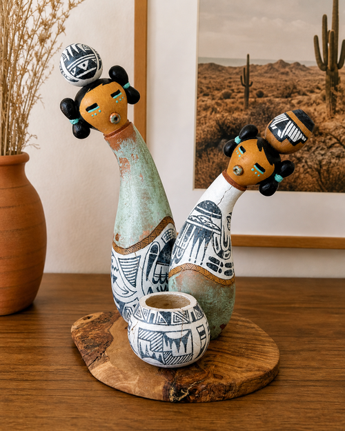 Shop handmade Two Maidens Kachina sculpture by Julie Hemer—one-of-a-kind Southwestern gourd art with copper patina accents.