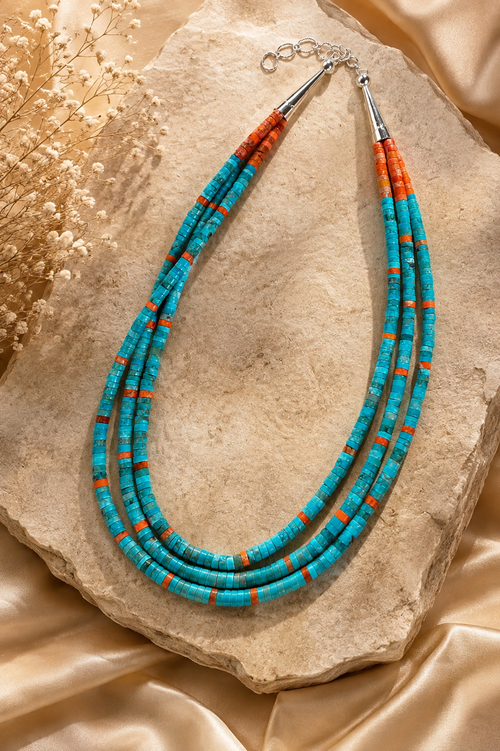 Kewa Pueblo Three-Strand Turquoise & Spiny Oyster Heishi Necklace