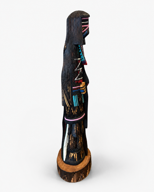 HAND-CARVED FROM COTTONWOOD ROOT
Central to Hopi religion, Kachinas are spirits of nature believed to live on the San Francisco Peaks (Nuva'tukya'ovi) near Flagstaff, Arizona. Hopi men embody the Kachina spirits during ceremonies that take place between Winter Solstice and mid-July. The Hopis believe these spirits enable them to live in harmony with nature, ensuring rain, crops, fertility, and good hunting. The Hopi men embody the spirits of these Kachinas by wearing masks and dancing in the plazas of the v