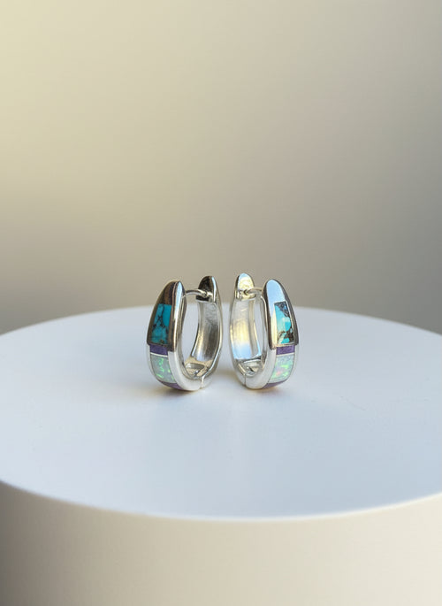Turquoise, Sugilite & Opal Huggies Earrings - Navajo Stone Inlaid