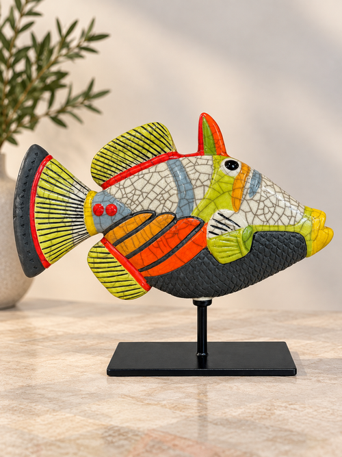 Handmade Raku Ceramic Picasso Fish Sculpture – Orange & Lime Green