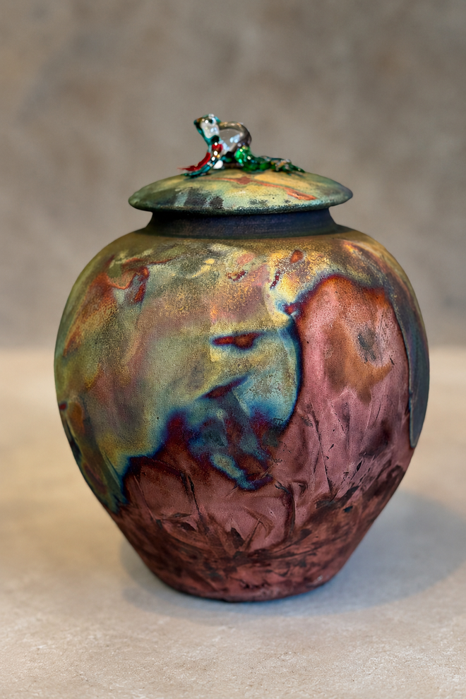 Handmade Raku Pot with Glass Frog Lid